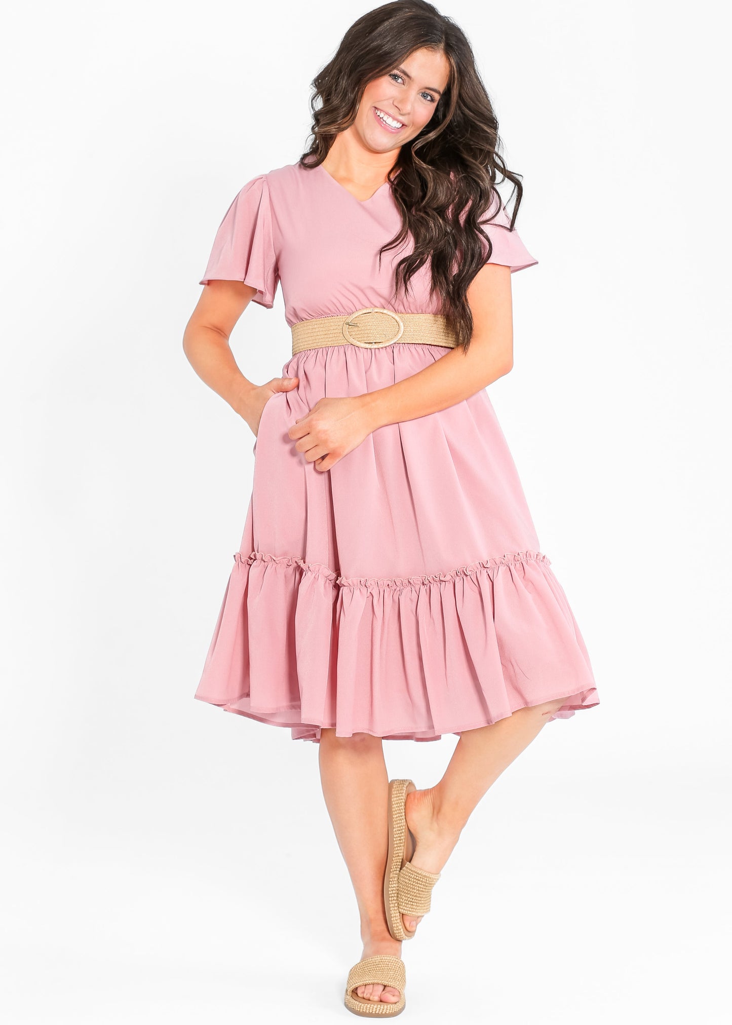 Sophie V Neck Flutter Sleeve Midi Dress IC Dresses