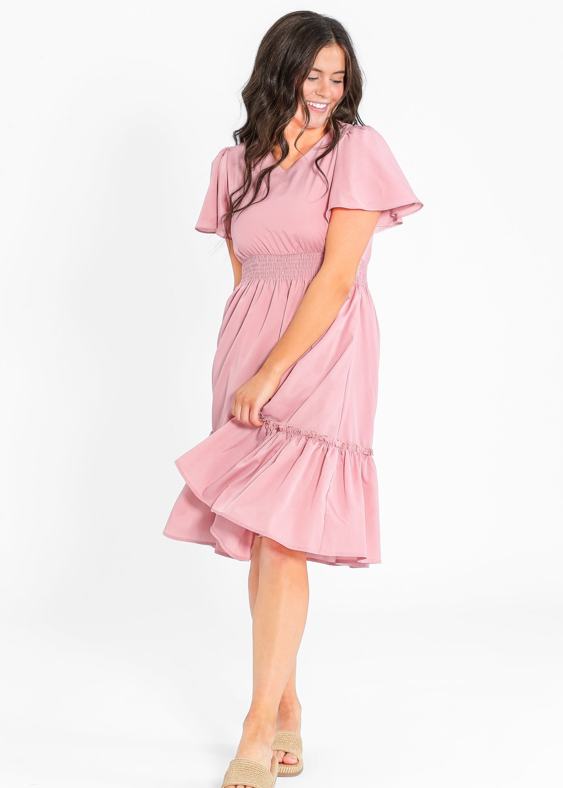 Sophie V Neck Flutter Sleeve Midi Dress IC Dresses