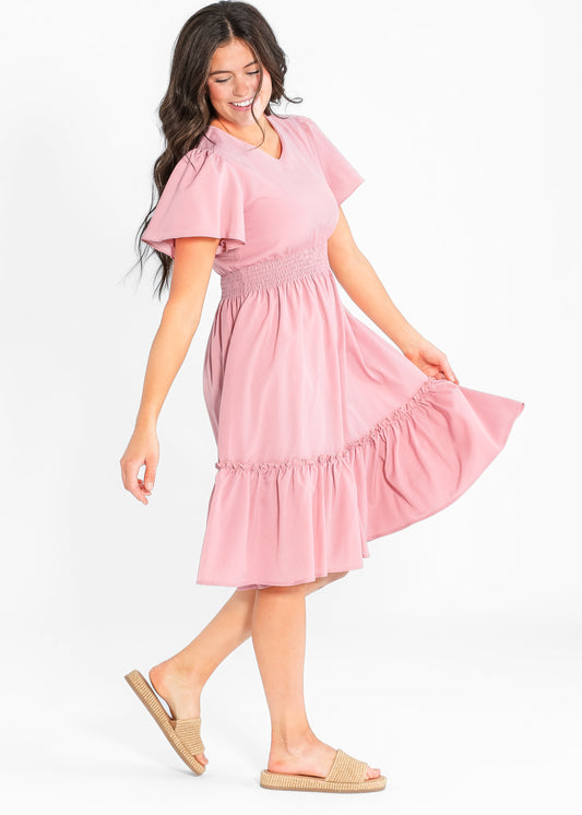 Sophie V Neck Flutter Sleeve Midi Dress IC Dresses