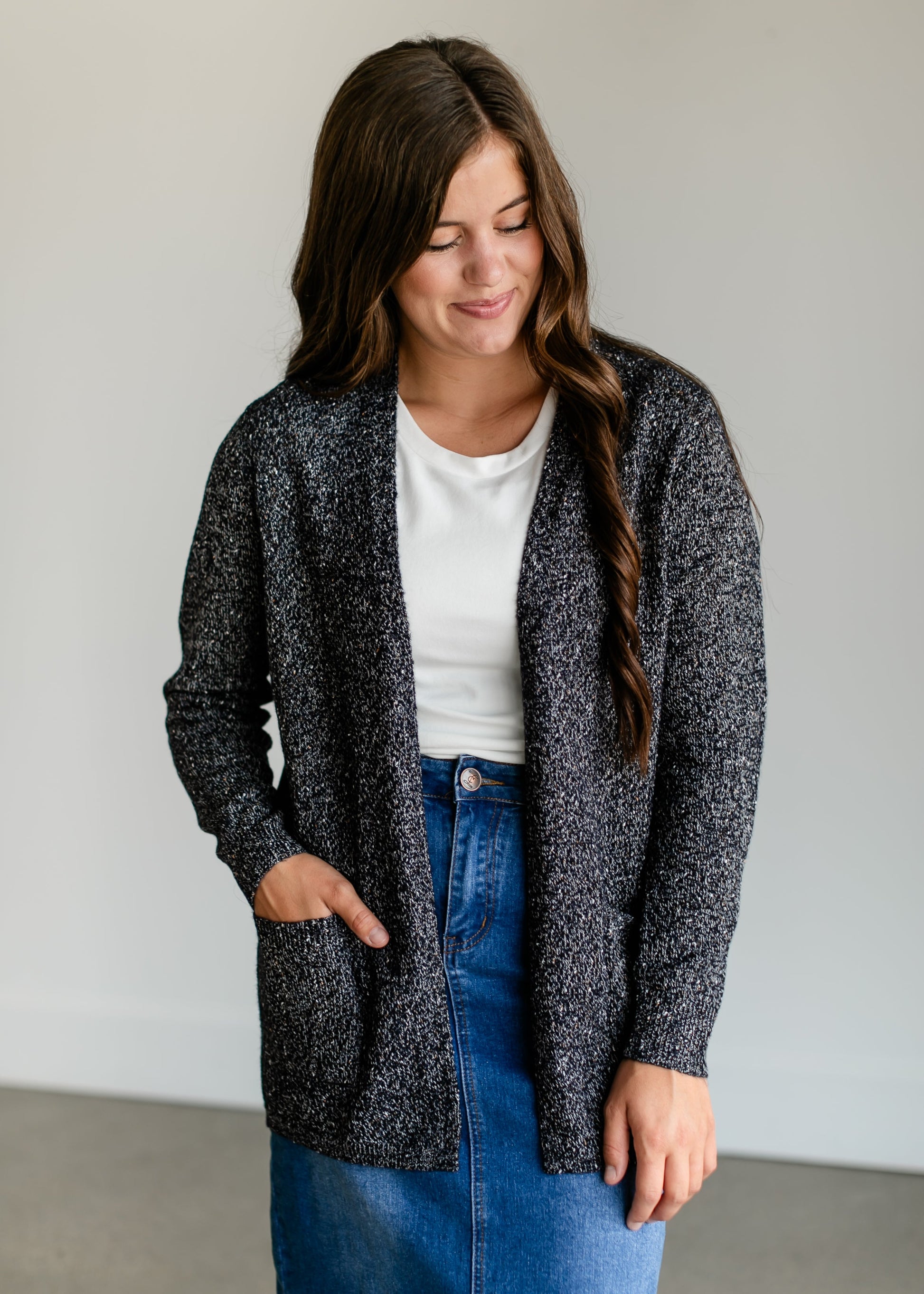 Speckled Knit Open Front Cardigan FF Tops Navy / S