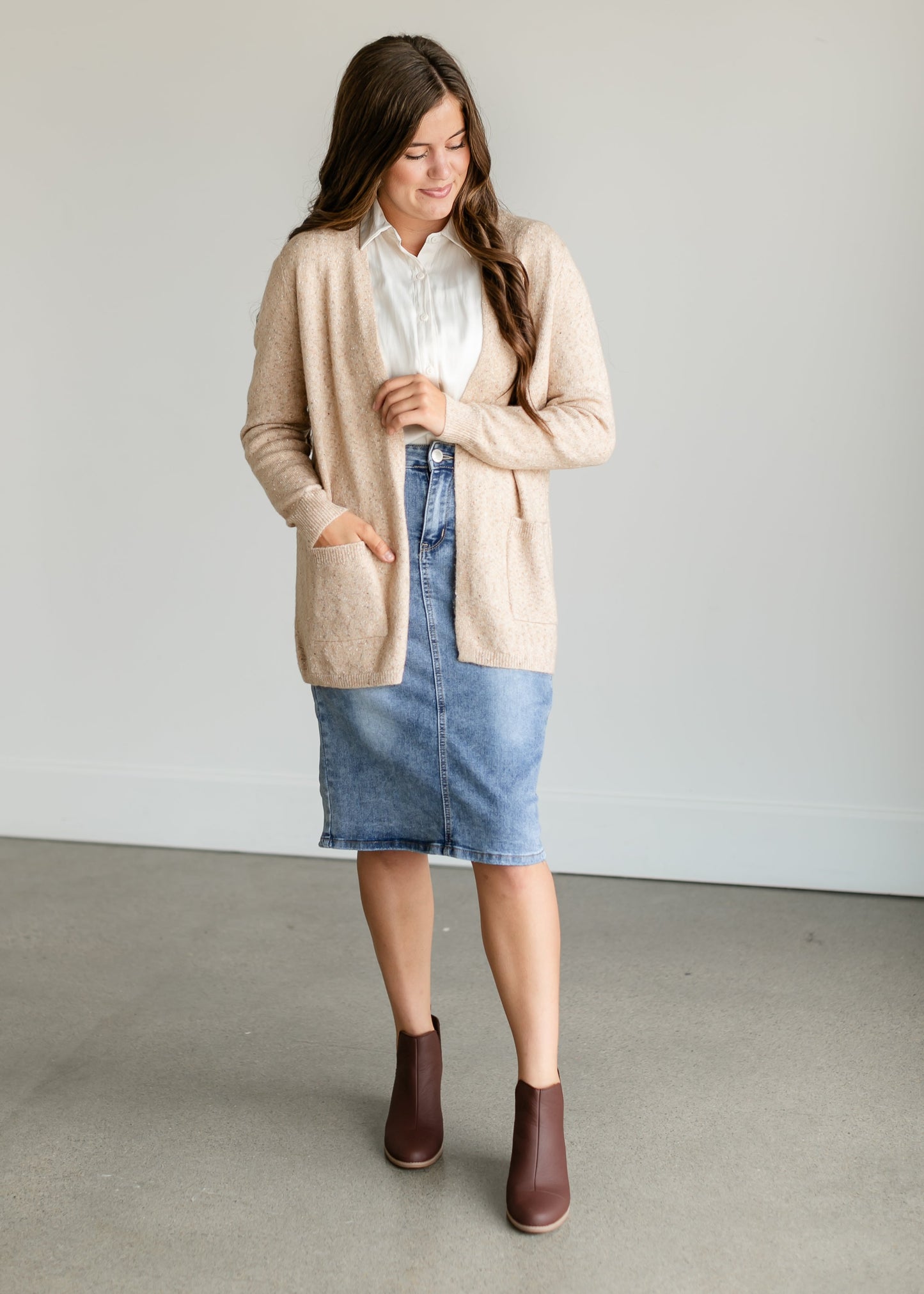 Speckled Knit Open Front Cardigan FF Tops Tan / S