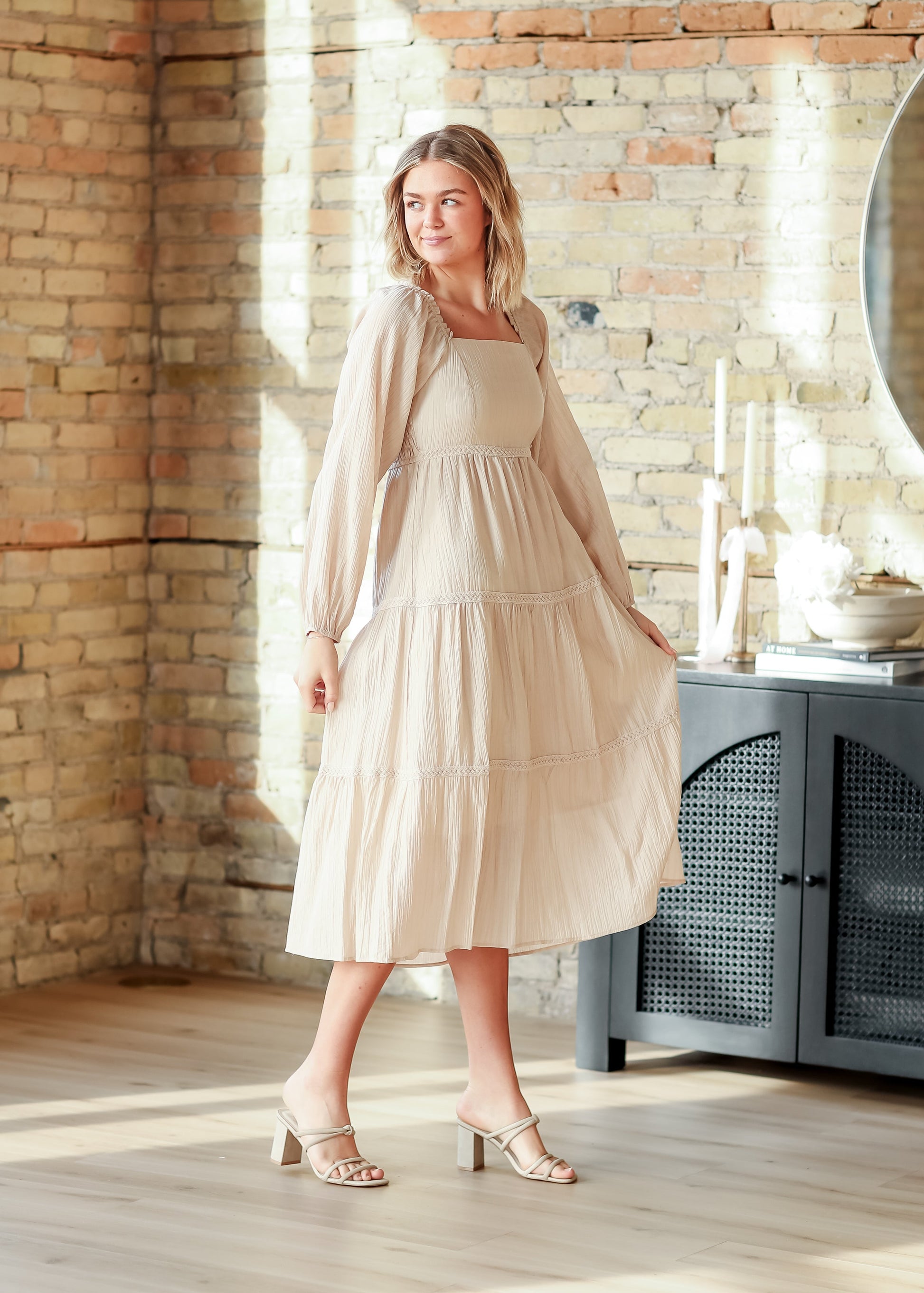 Square Neck Long Sleeve Embroidered Tiered Dress - FINAL SALE Inherit Co. Square Neck Long Sleeve Embroidered Tiered Dress - FINAL SALE Inherit Co.