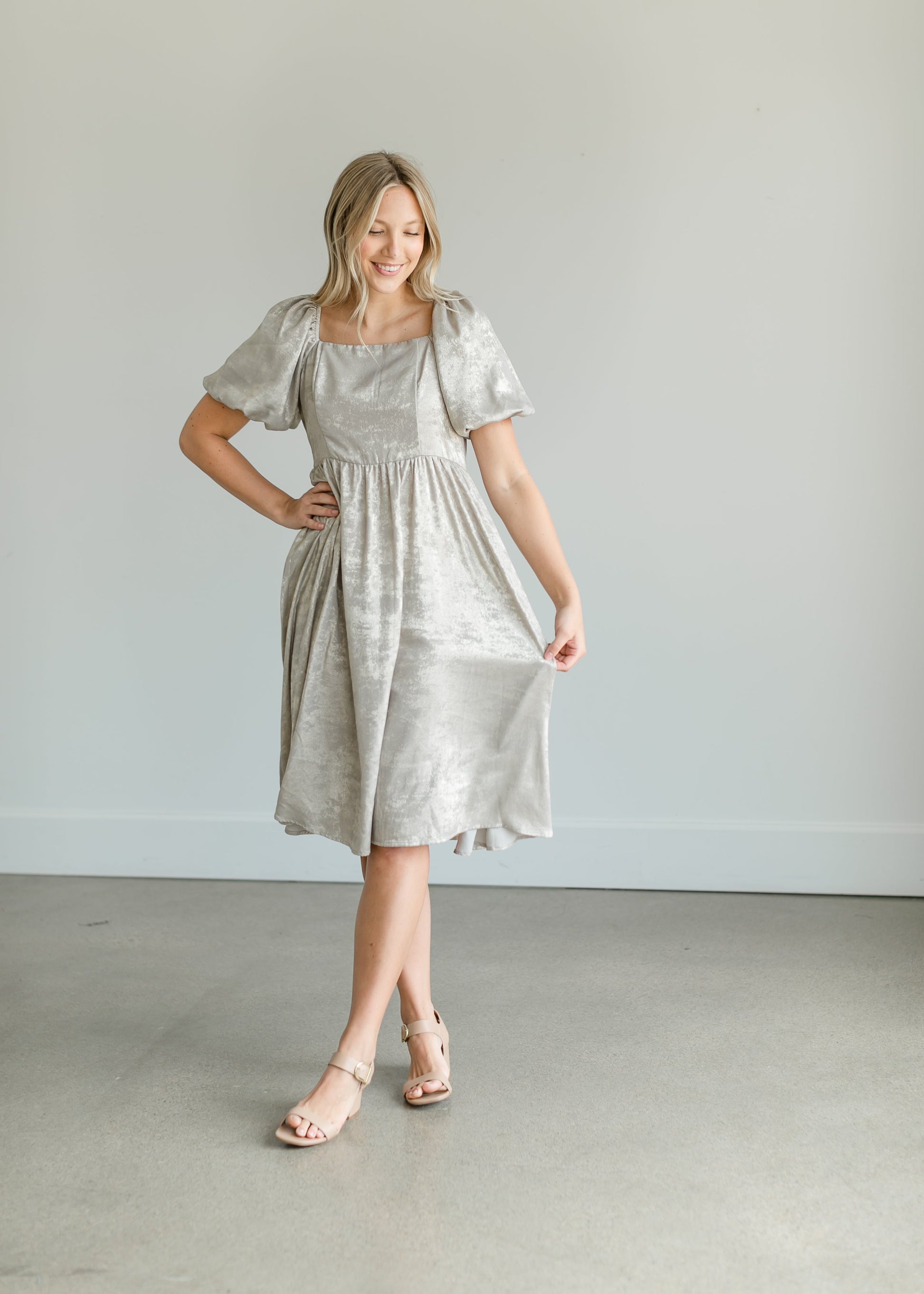 Square Neck Puff Sleeve Midi Dress Dresses