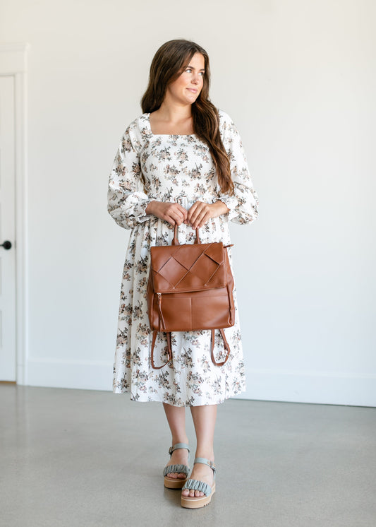 Square Neck Smocked Rose Midi Dress FF Dresses