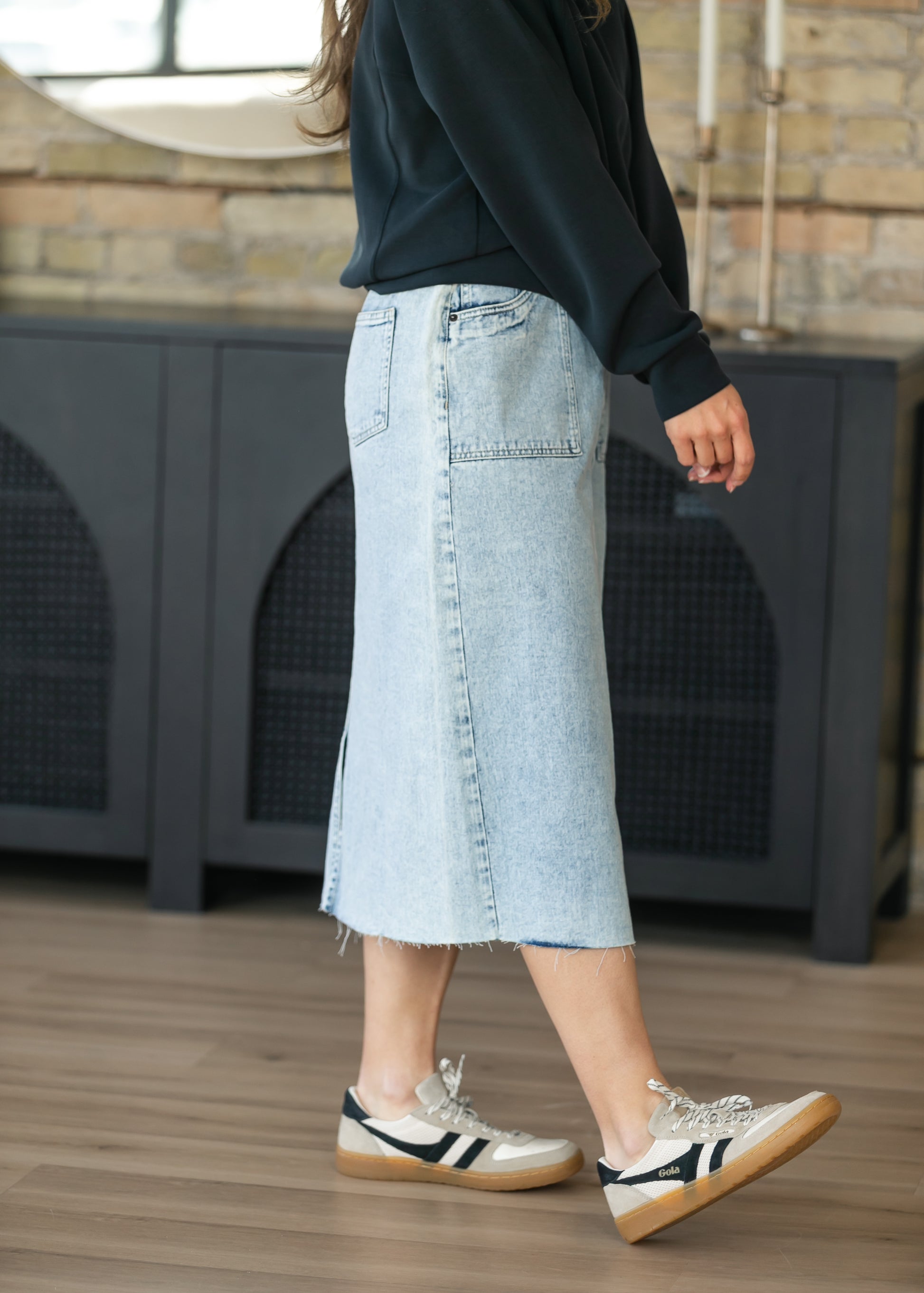 Square Pocket Denim Midi Skirt FF Skirts