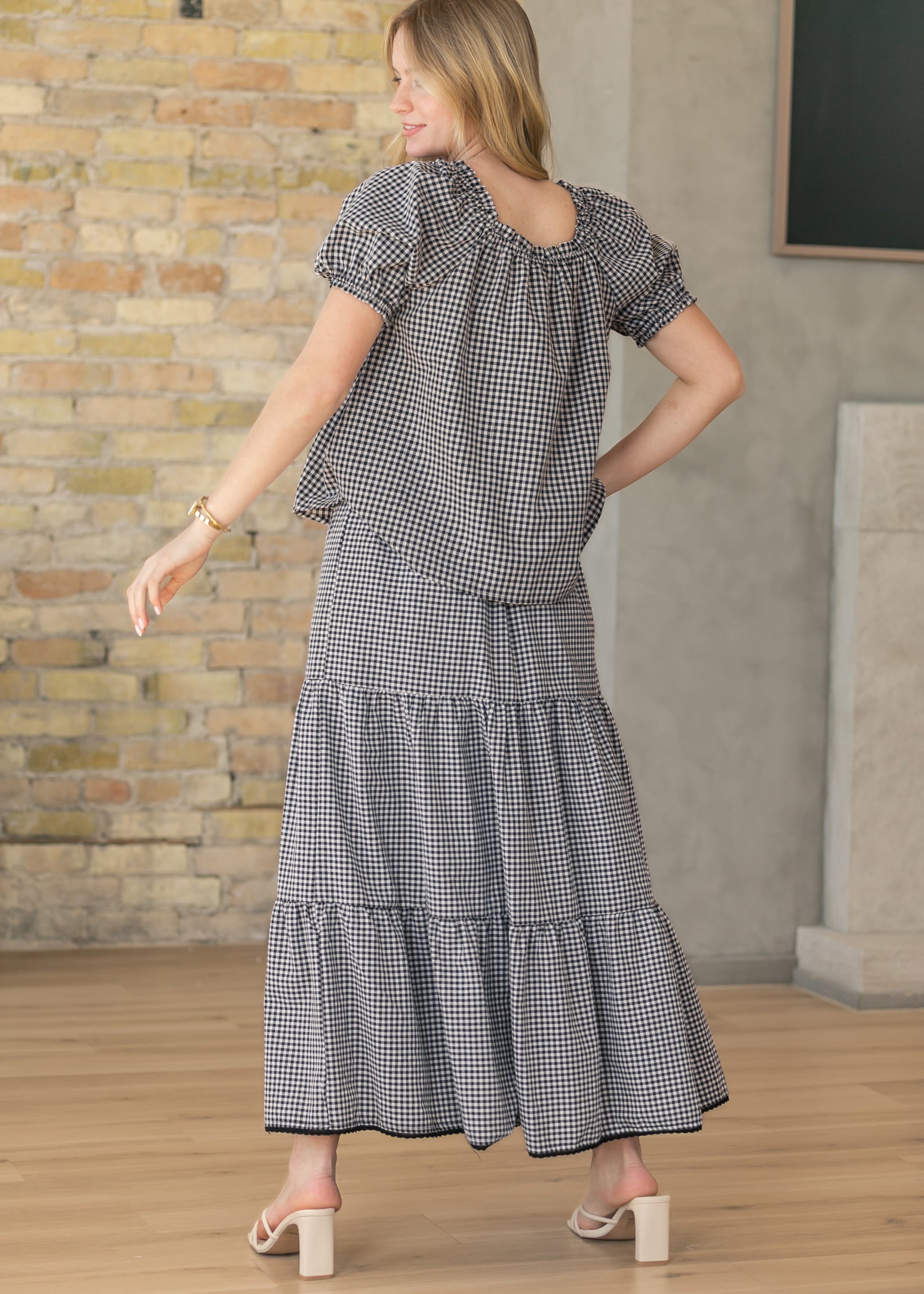 Square Ruffle Collar Gingham Top FF Tops