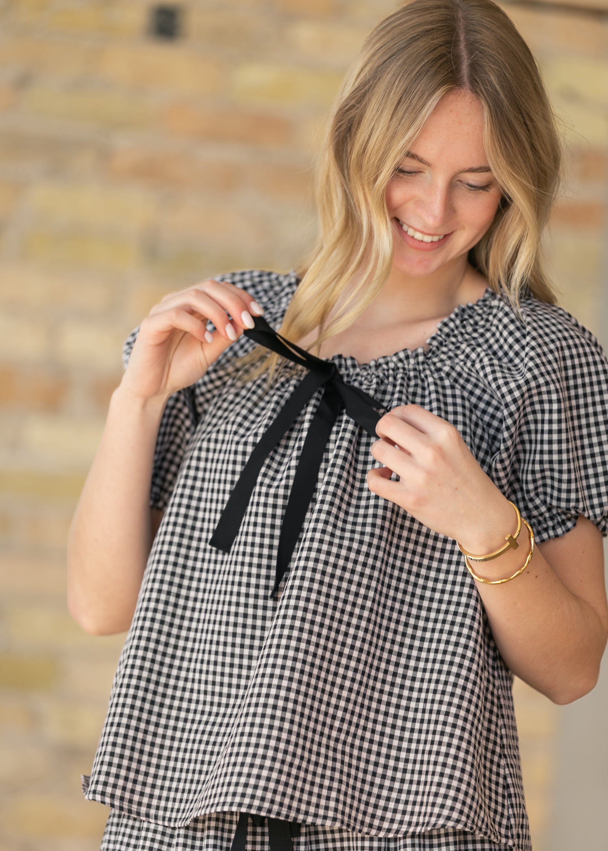 Square Ruffle Collar Gingham Top FF Tops