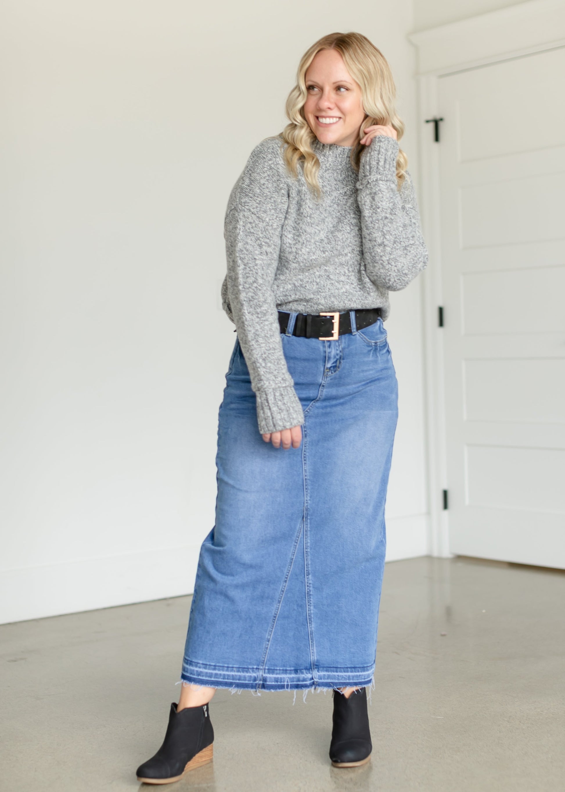 Stacy Raw Hem Long Denim Skirt IC Skirts