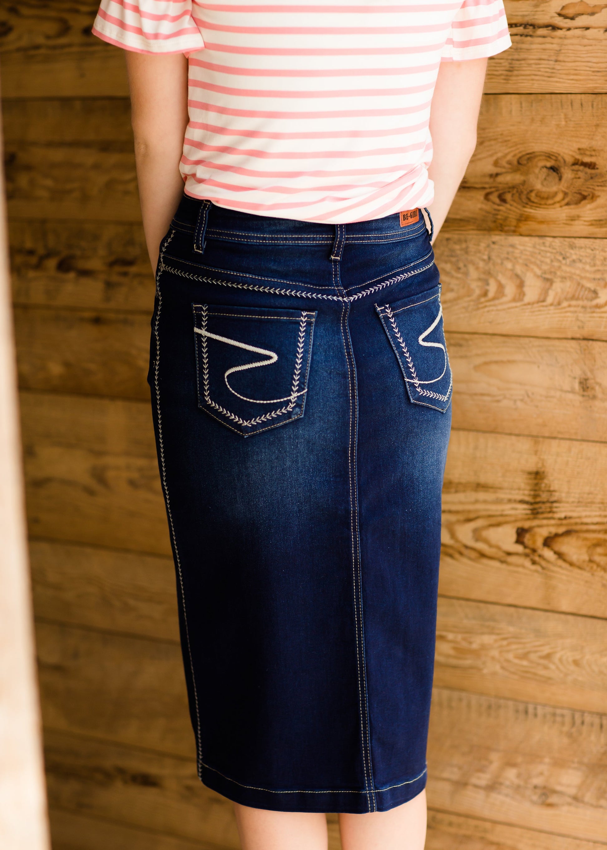 Stitch Detail Dark Denim Midi Skirt Skirts