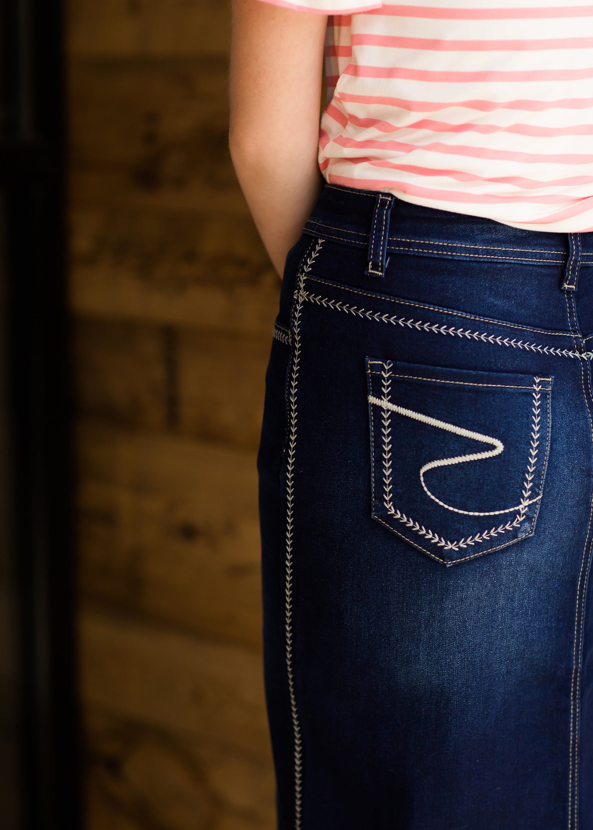 Stitch Detail Dark Denim Midi Skirt Skirts