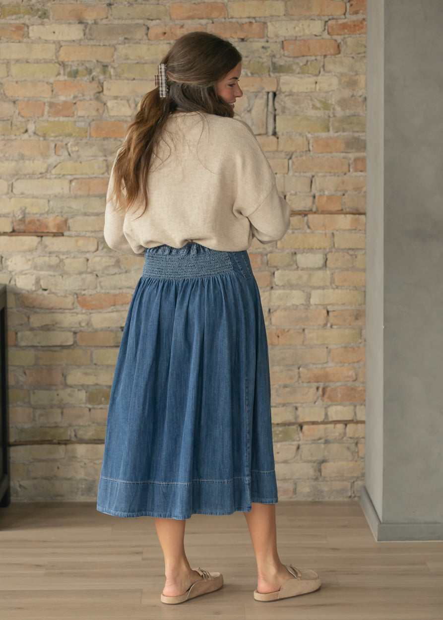 Stitched Yoke Smocked Waist Denim A-Line Midi Skirt FF Skirts