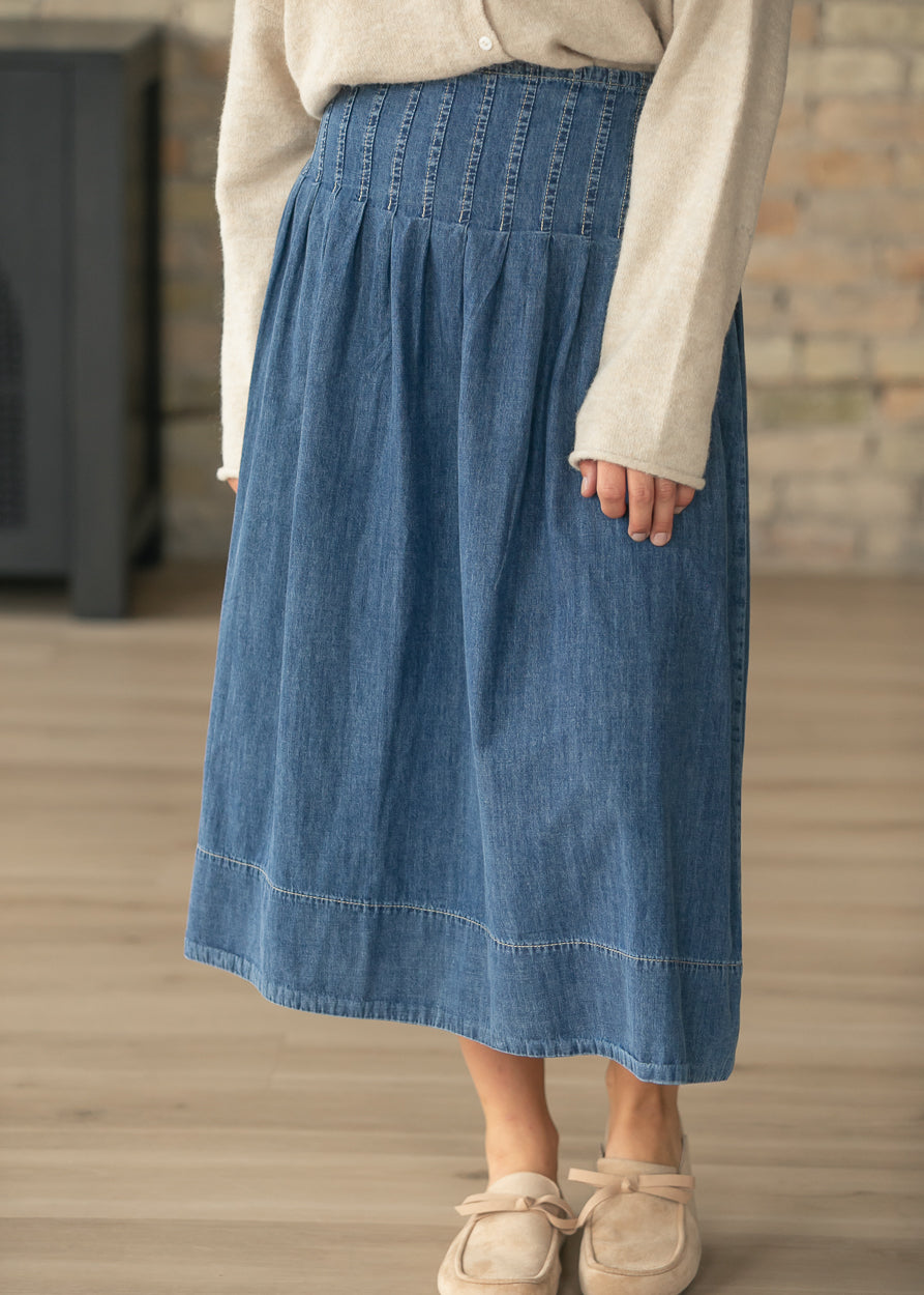 Stitched Yoke Smocked Waist Denim A-Line Midi Skirt FF Skirts