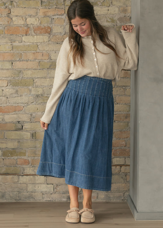 Stitched Yoke Smocked Waist Denim A-Line Midi Skirt FF Skirts S
