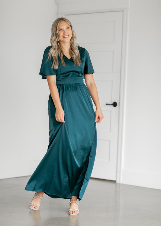 Stretch Satin Teal V-Neck Maxi Dress Dresses S