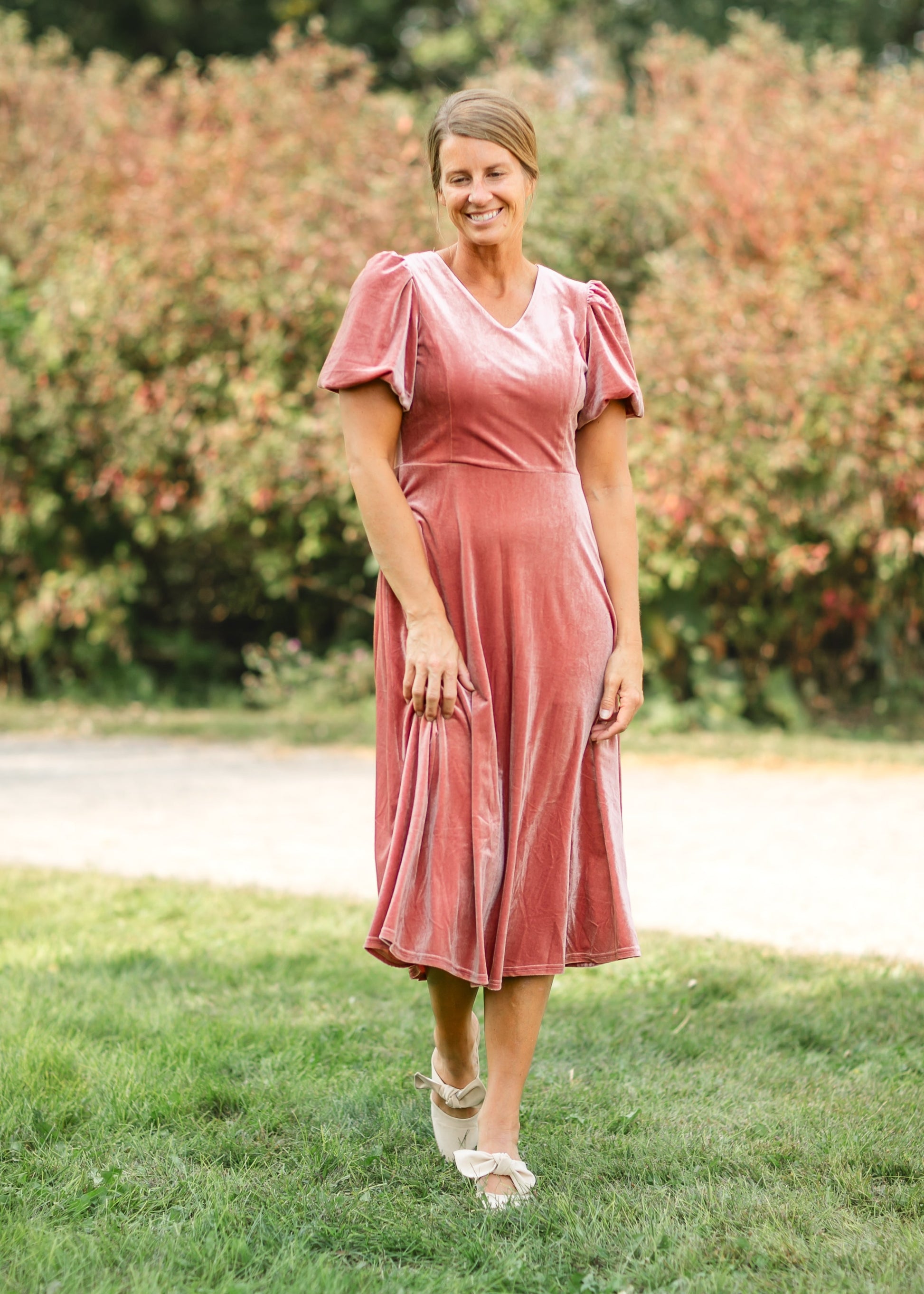 pink velvet midi dress Elena Blush Pink Velvet Midi Dress with Side Slit Romantic Evening Style