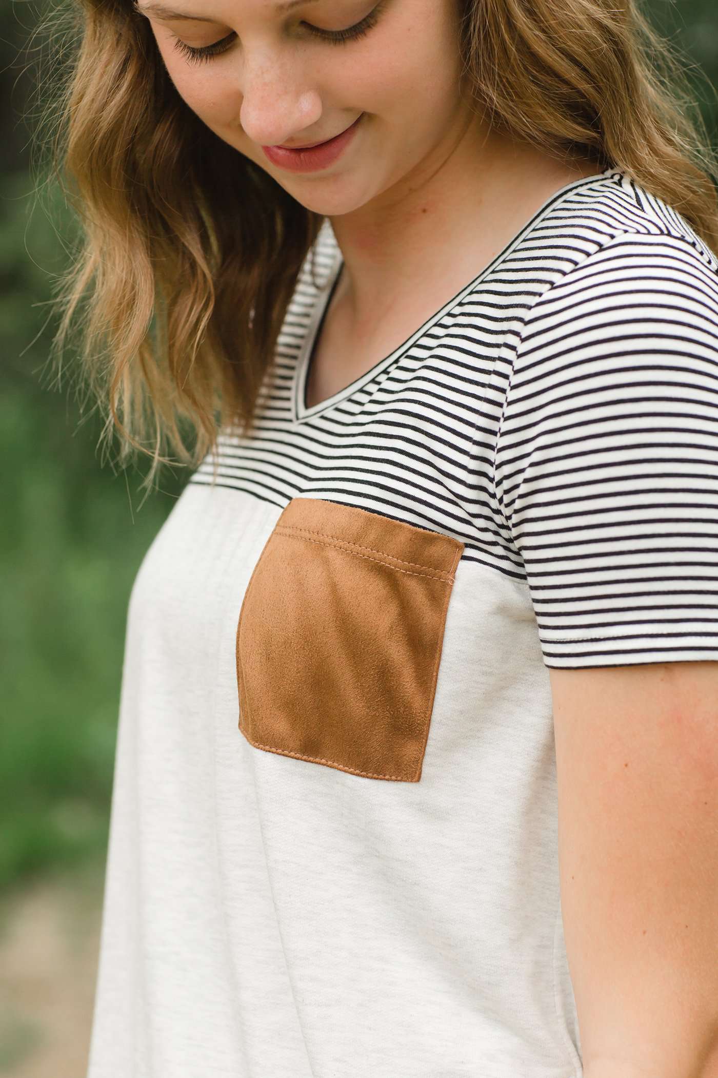 Stripe and Block Pocket Tee Tops