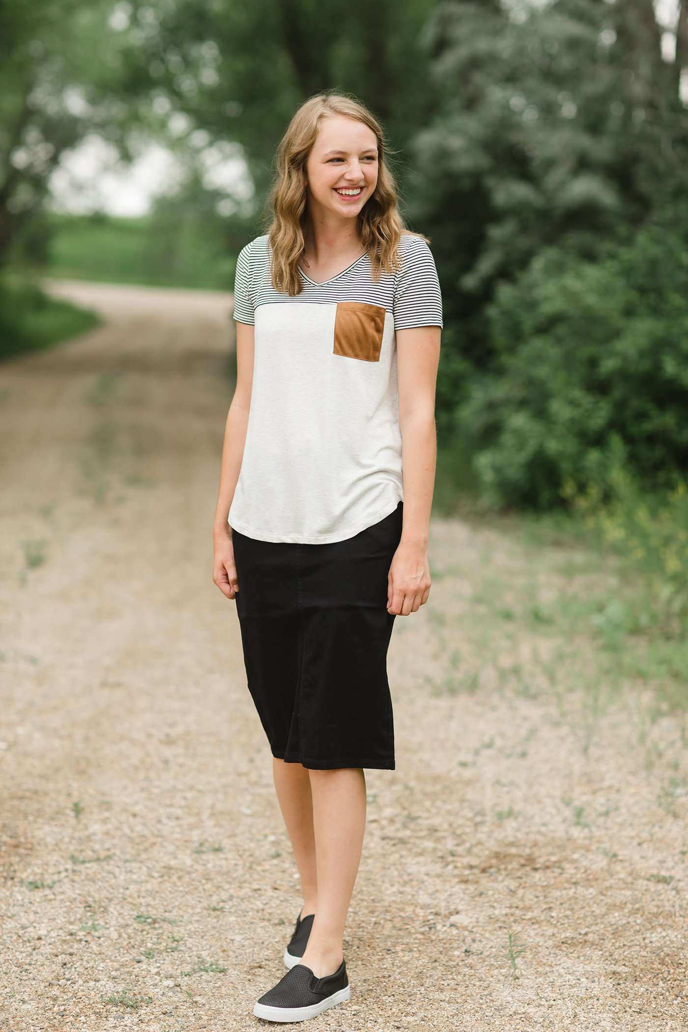 Stripe and Block Pocket Tee Tops