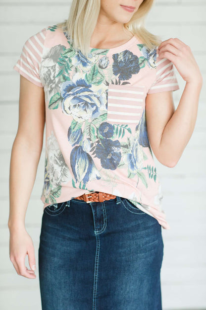 Stripe and Floral Pocket Tee Tops Blush / S