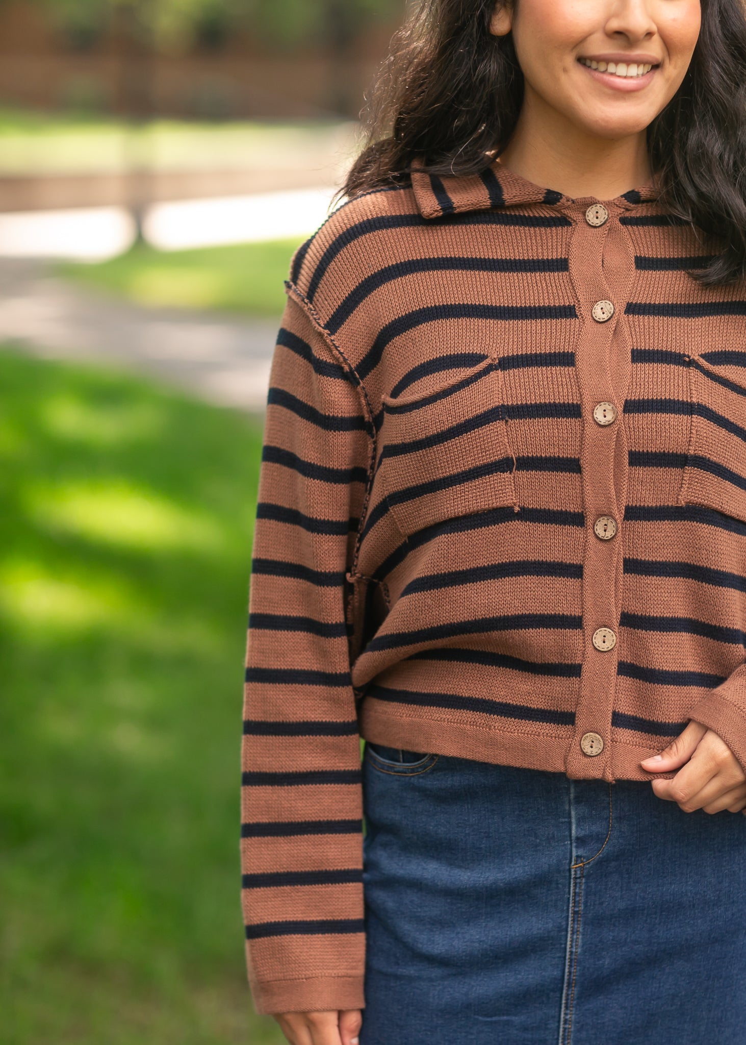 Stripe Collared Raw Seam Cardigan FF Layering Essentials