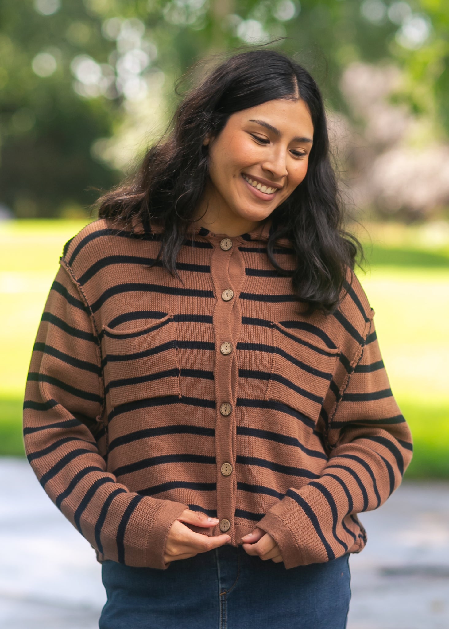Stripe Collared Raw Seam Cardigan FF Layering Essentials