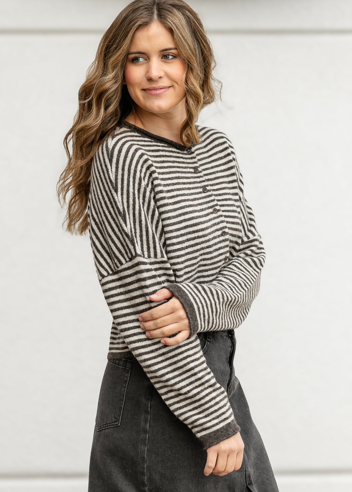 Stripe Knit Drop Shoulder Cardigan FF Layering Essentials