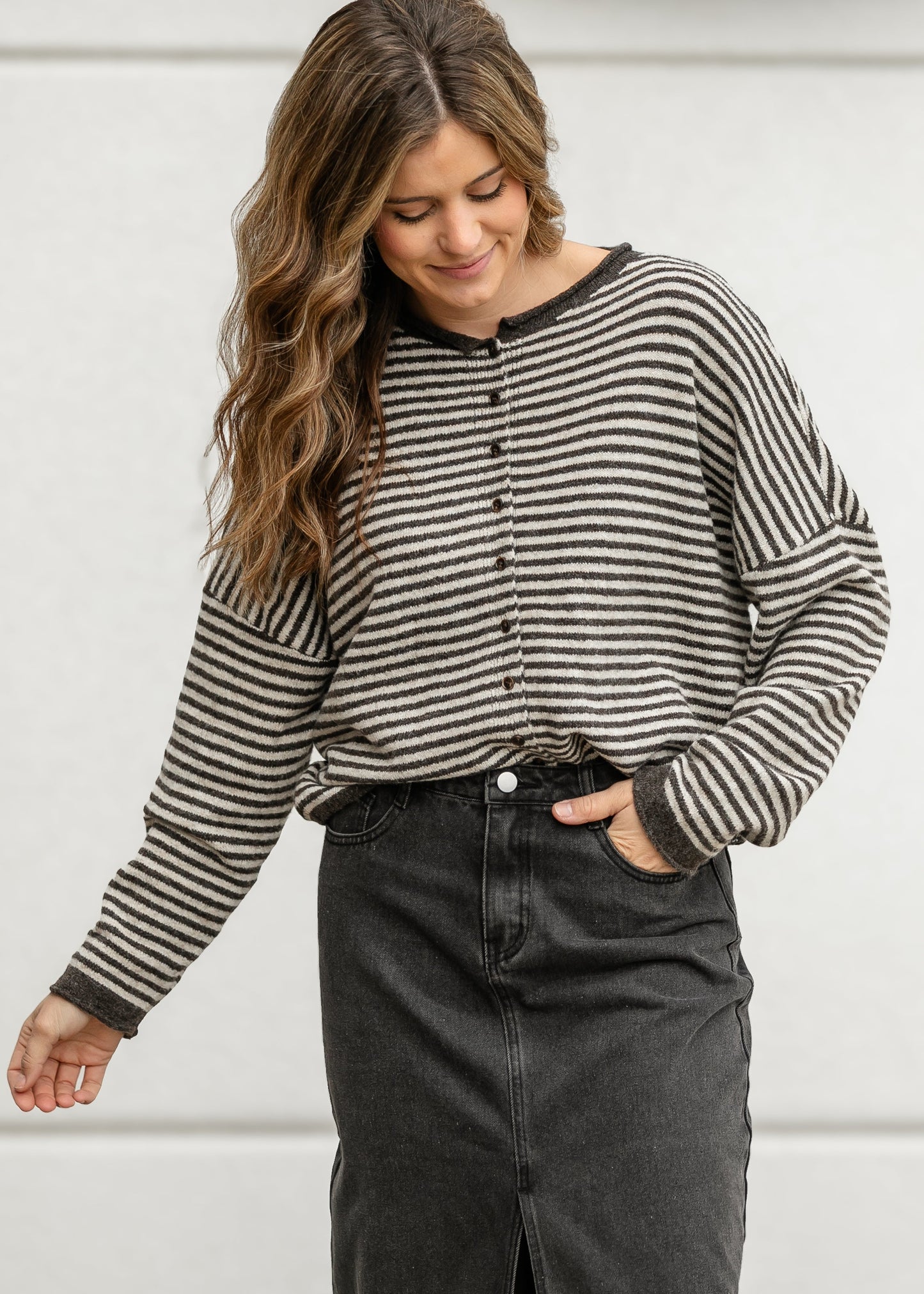 Stripe Knit Drop Shoulder Cardigan FF Layering Essentials Brown / S