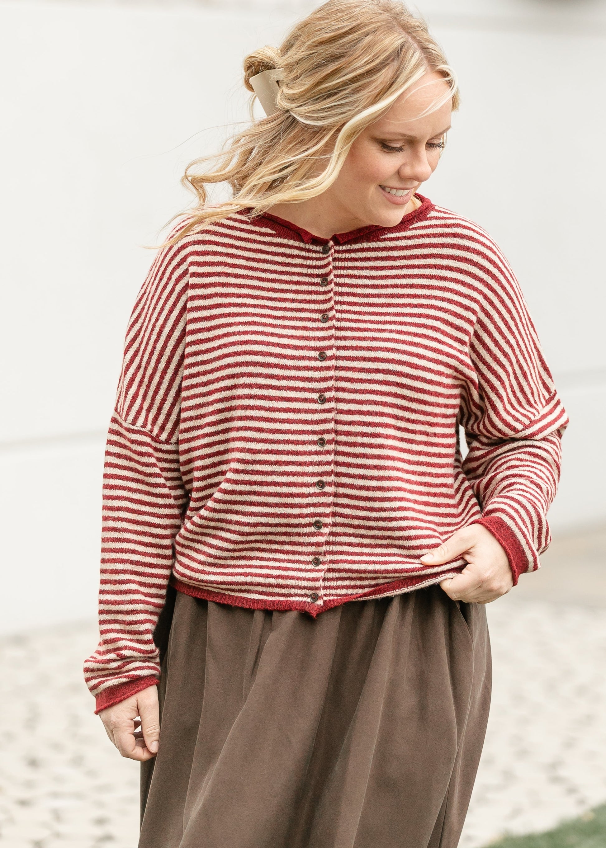 Stripe Knit Drop Shoulder Cardigan FF Layering Essentials Red / S