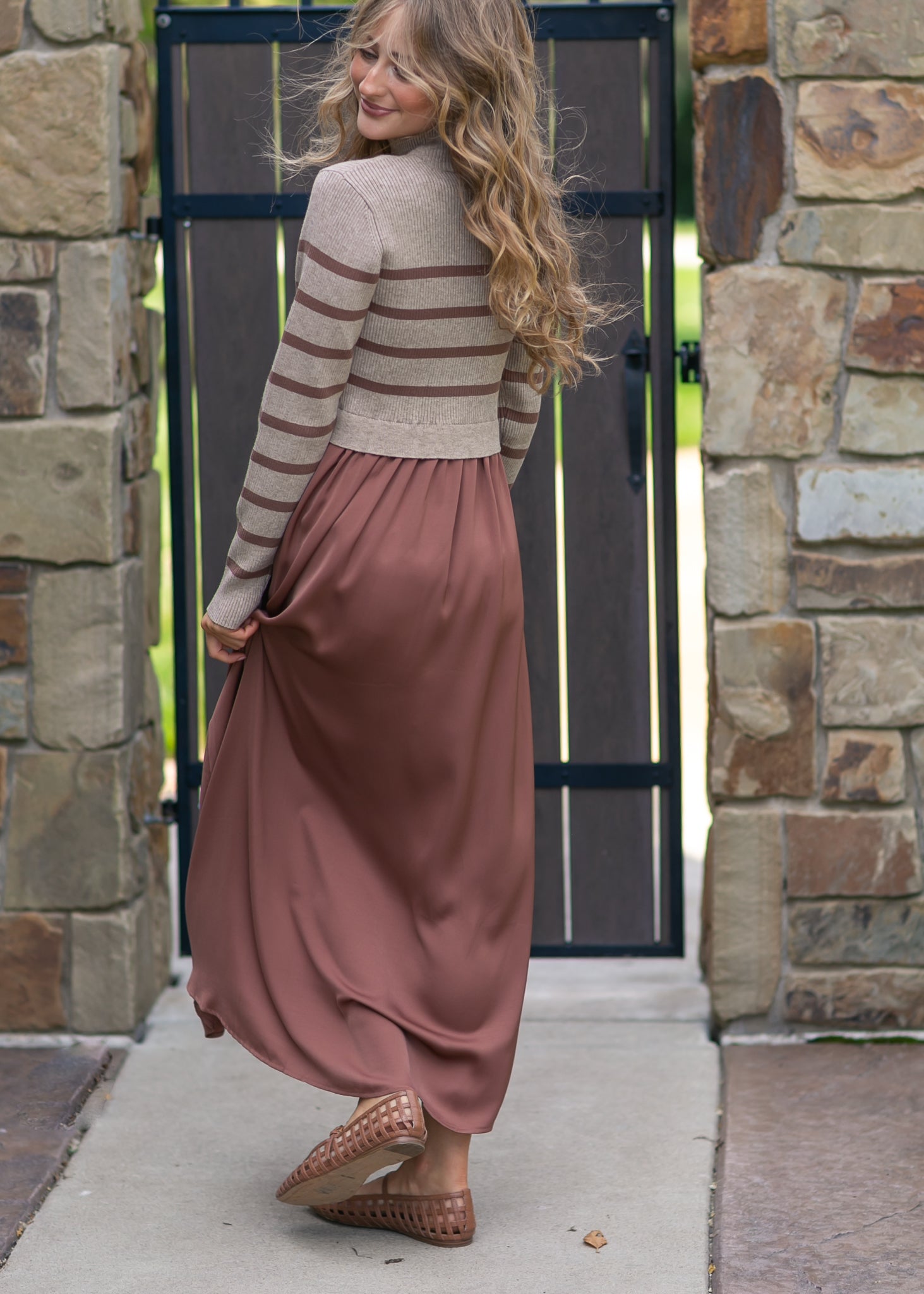 Stripe Knit Top Satin Dress L