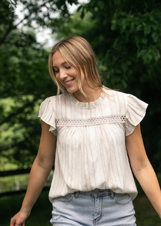 Stripe Lace Trim Ruffle Sleeve Top FF Tops