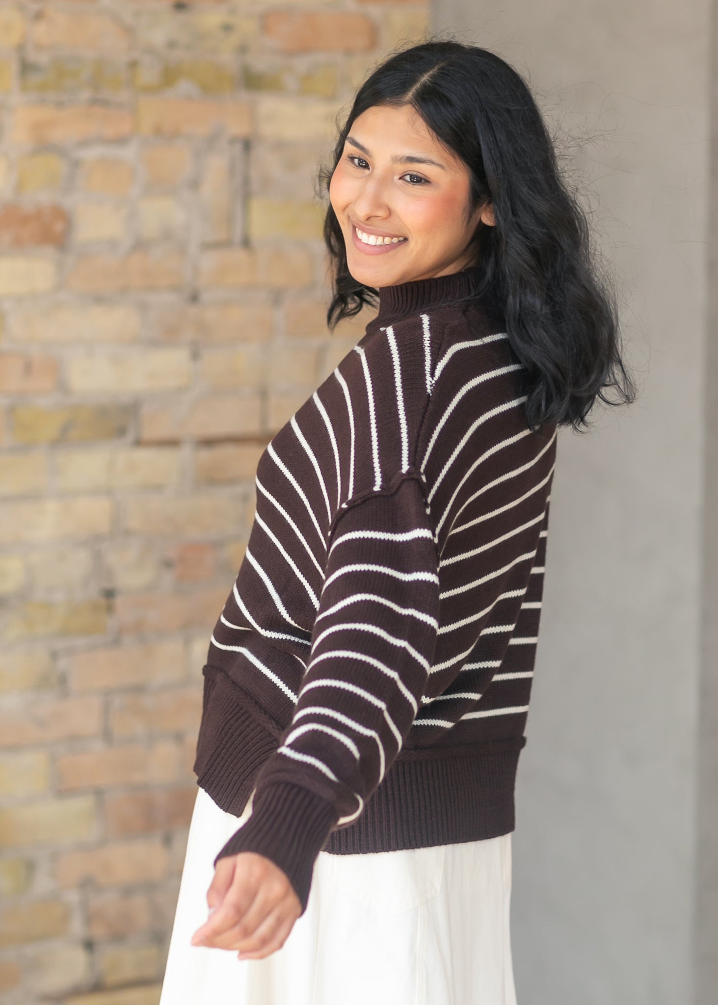 Stripe Mock Neck Pullover Sweater FF Tops