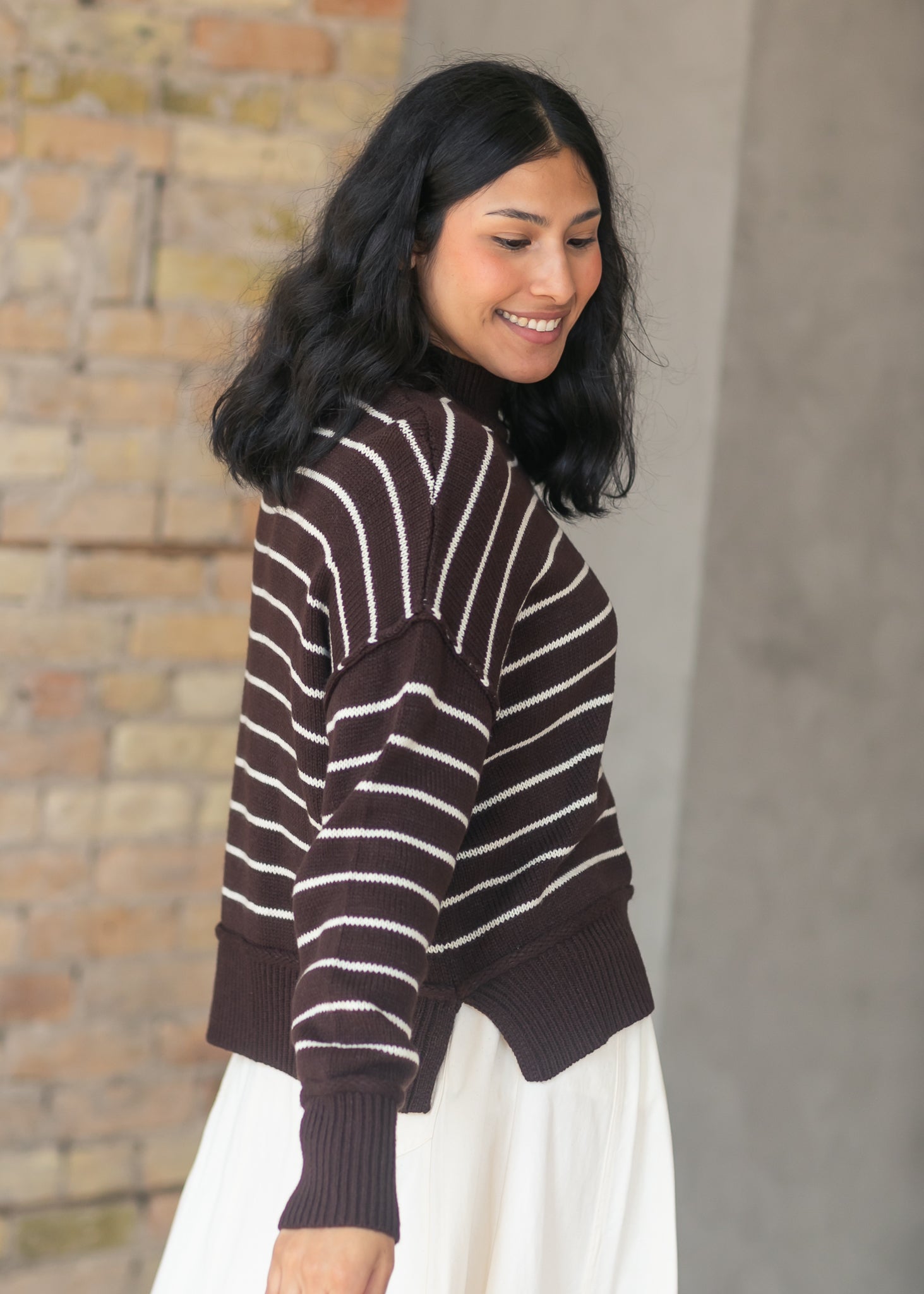 Stripe Mock Neck Pullover Sweater FF Tops