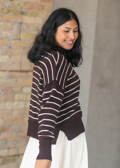 Stripe Mock Neck Pullover Sweater FF Tops