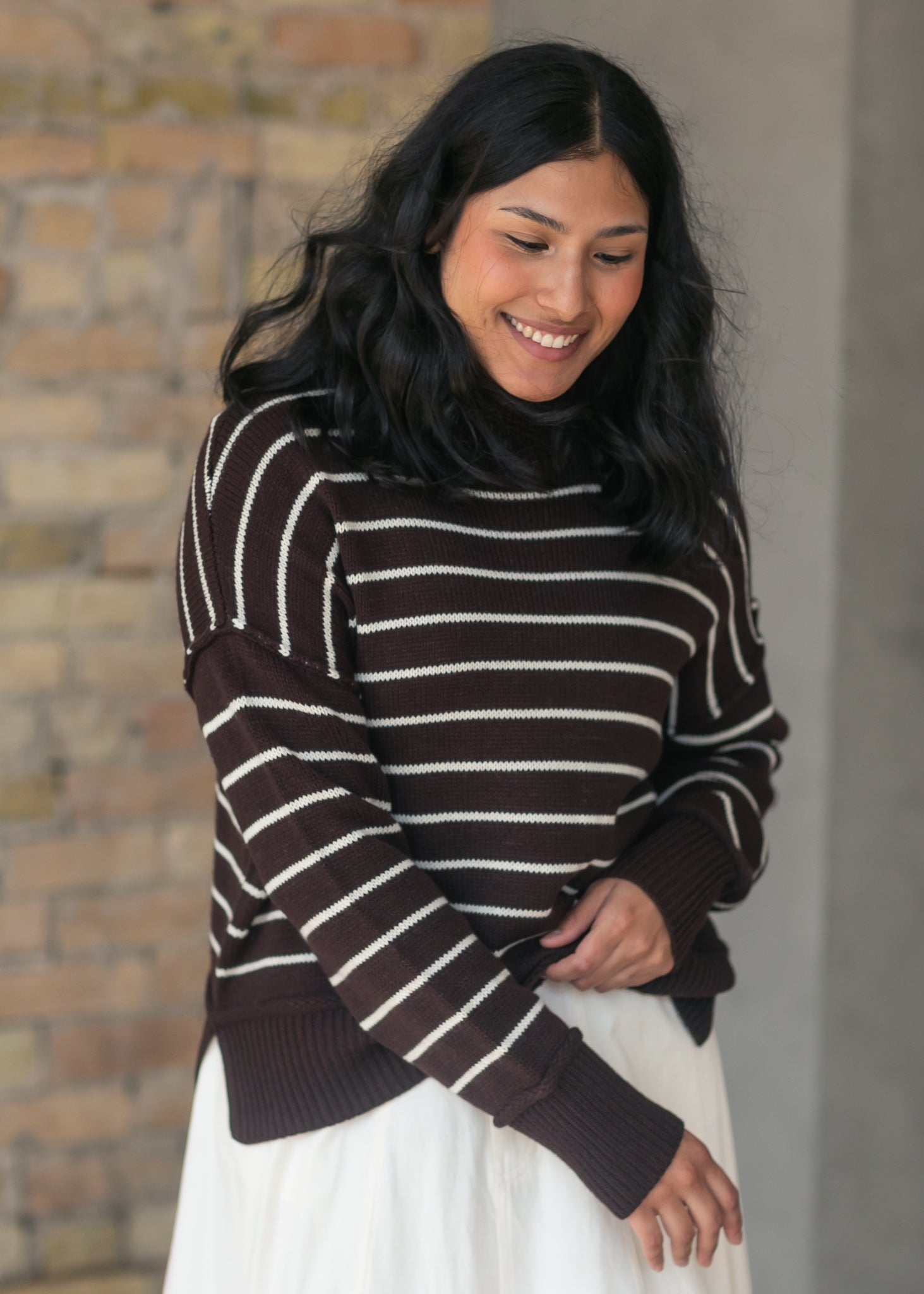 Stripe Mock Neck Pullover Sweater FF Tops