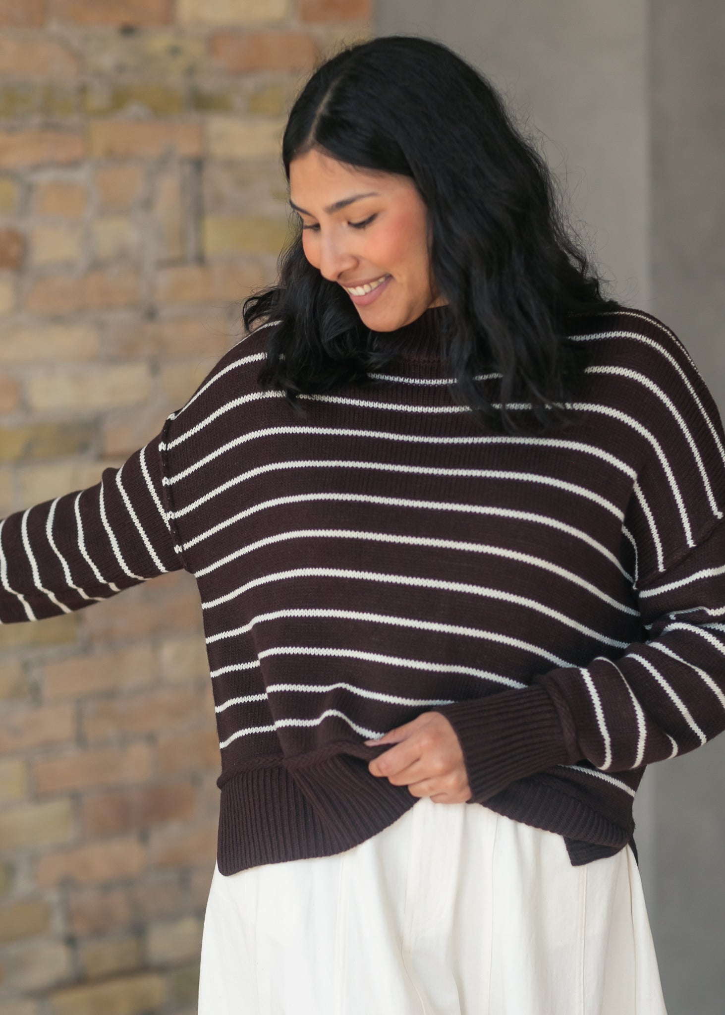 Stripe Mock Neck Pullover Sweater FF Tops