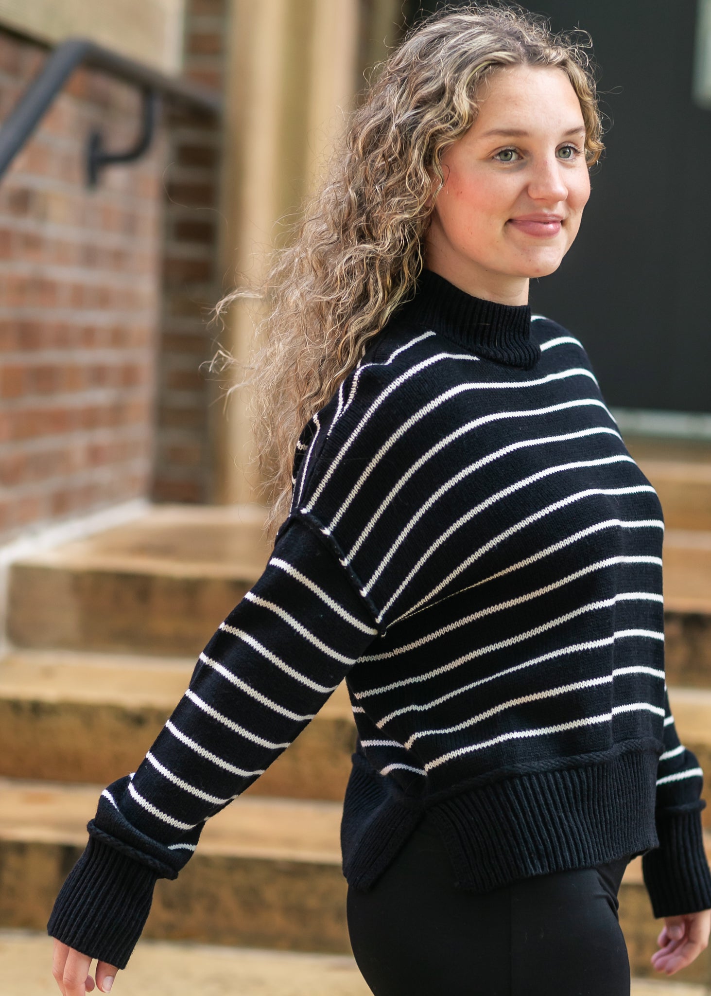 Stripe Mock Neck Pullover Sweater FF Tops