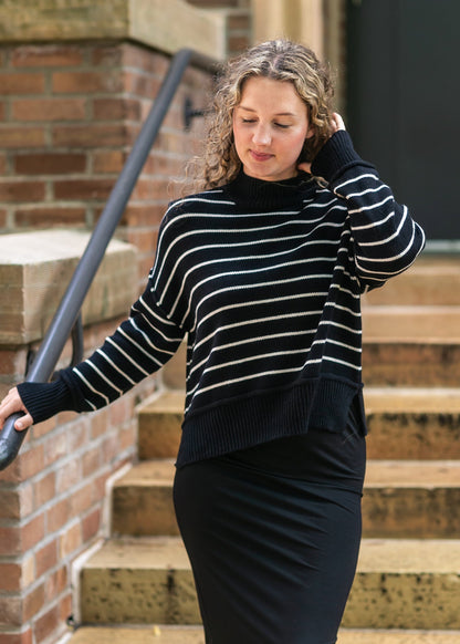 Stripe Mock Neck Pullover Sweater FF Tops Black / S