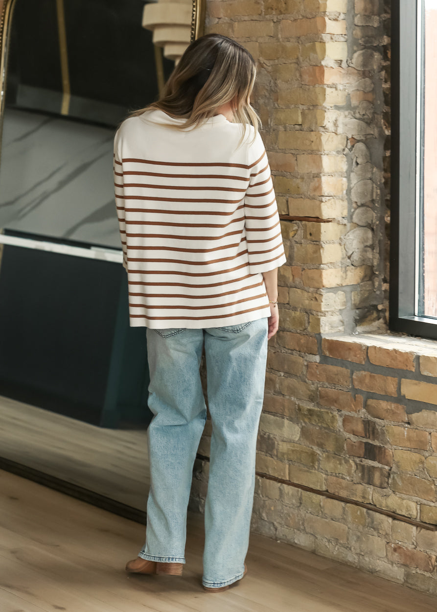 Stripe Pattern Mock Neck Sweater FF Tops