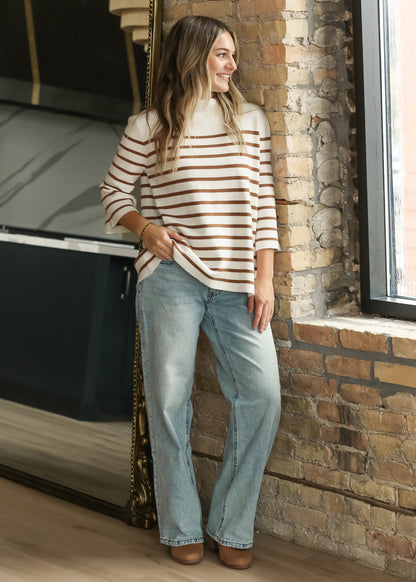 Stripe Pattern Mock Neck Sweater FF Tops