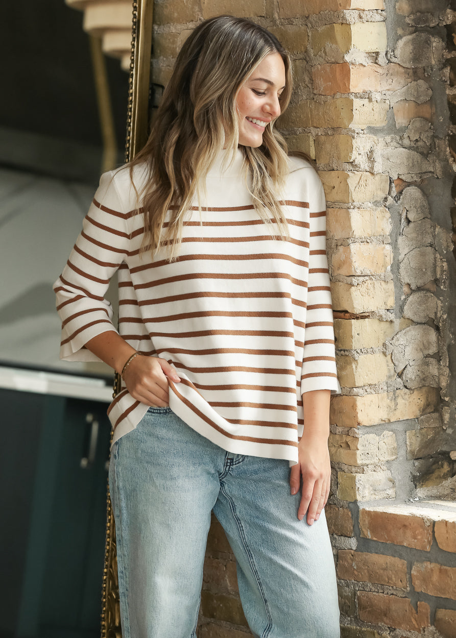 Stripe Pattern Mock Neck Sweater FF Tops