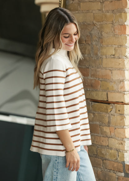 Stripe Pattern Mock Neck Sweater FF Tops
