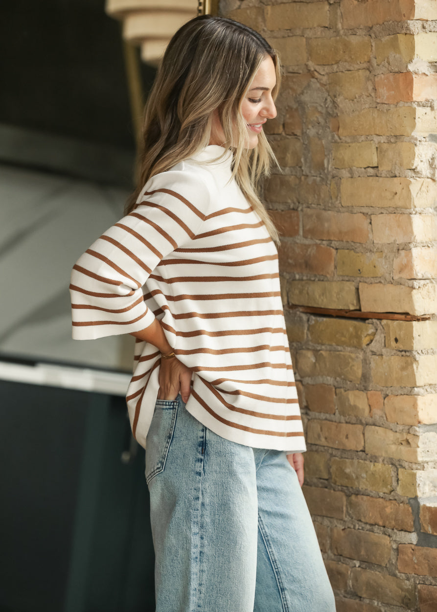 Stripe Pattern Mock Neck Sweater FF Tops