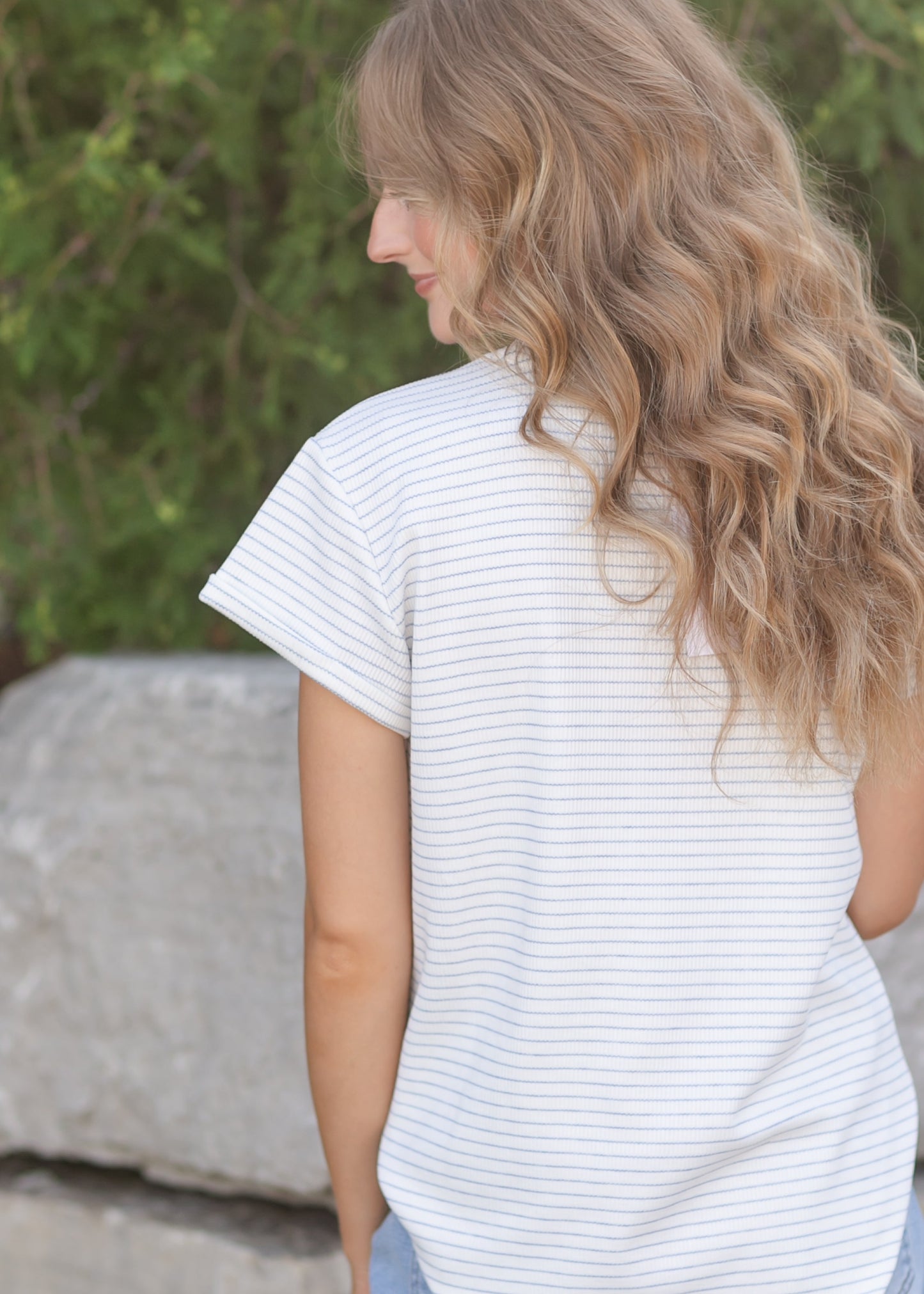 Stripe Round Neck Short Sleeve Top FF Tops