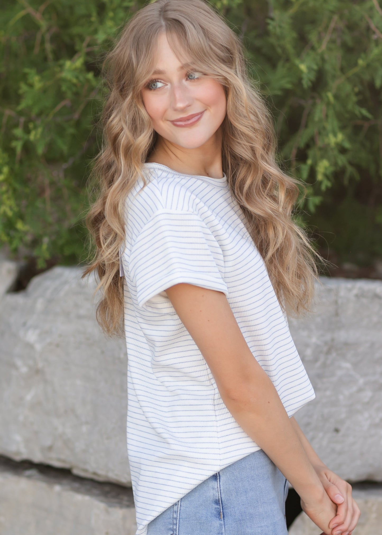 Stripe Round Neck Short Sleeve Top FF Tops