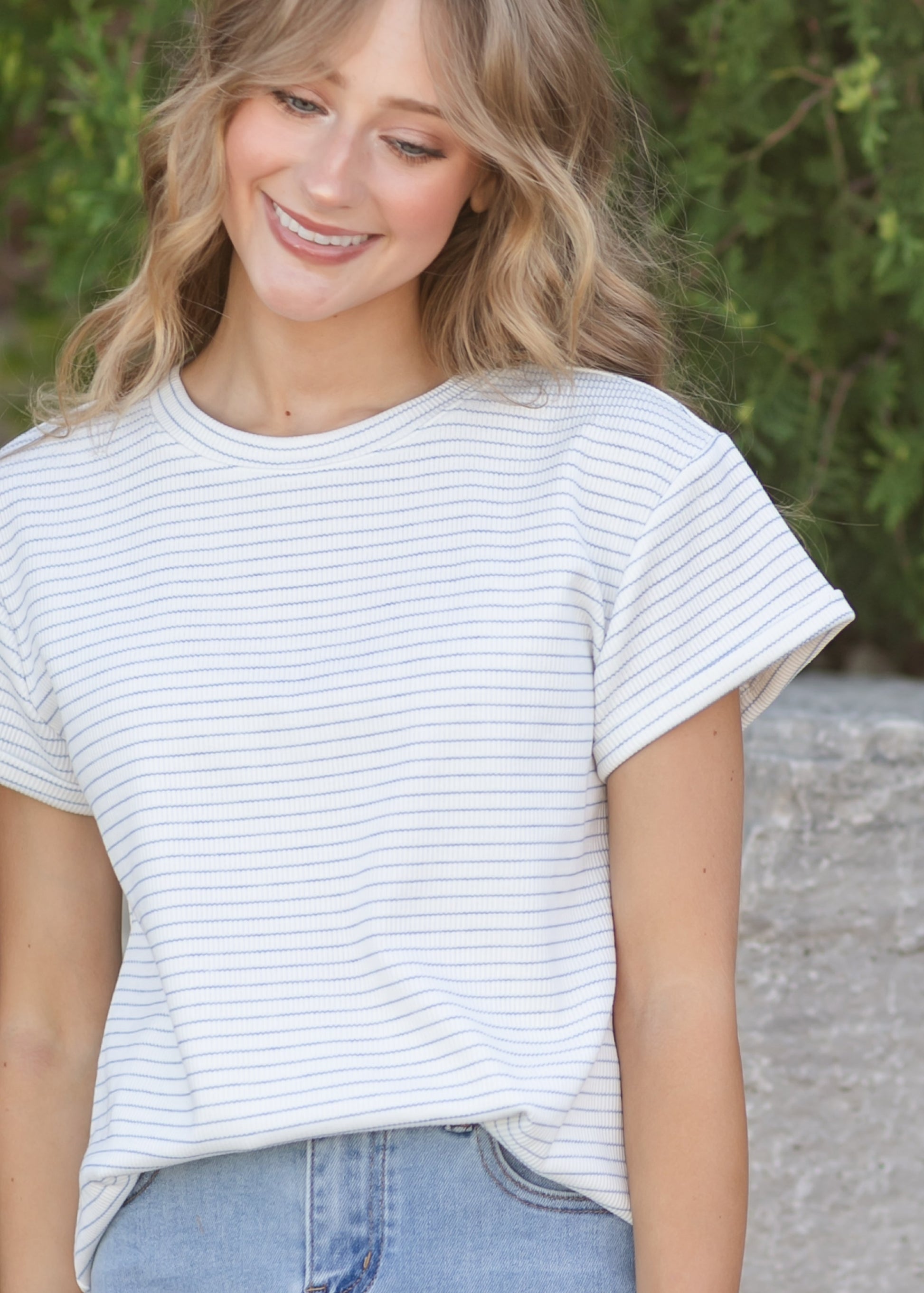 Stripe Round Neck Short Sleeve Top FF Tops