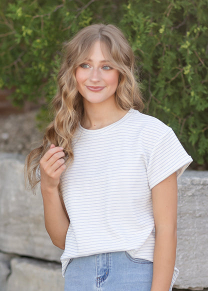 Stripe Round Neck Short Sleeve Top FF Tops