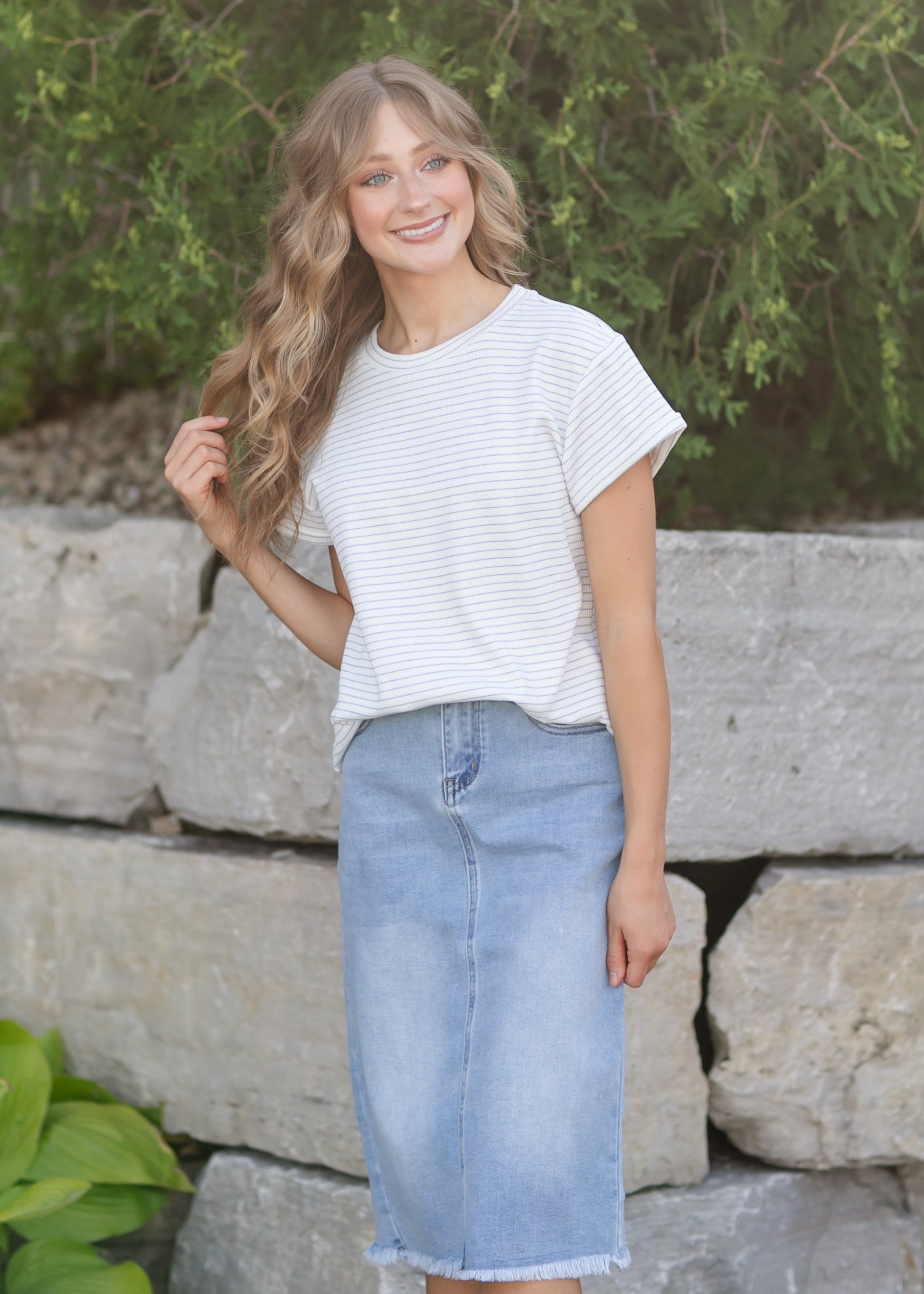 Stripe Round Neck Short Sleeve Top FF Tops