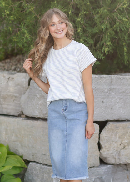 Stripe Round Neck Short Sleeve Top FF Tops