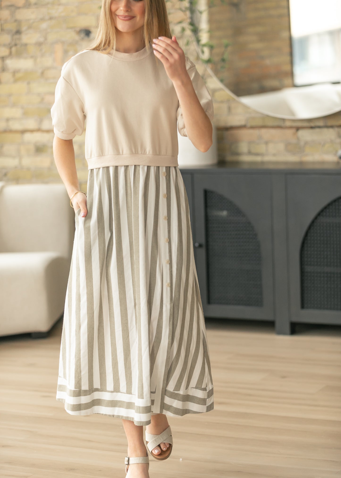 Stripe Short Sleeve Sweater Maxi Dress FF Dresses
