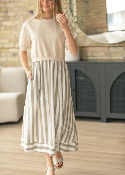 Stripe Short Sleeve Sweater Maxi Dress FF Dresses