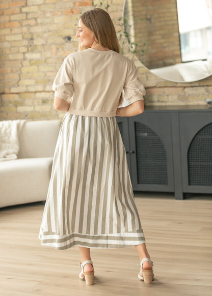 Stripe Short Sleeve Sweater Maxi Dress FF Dresses